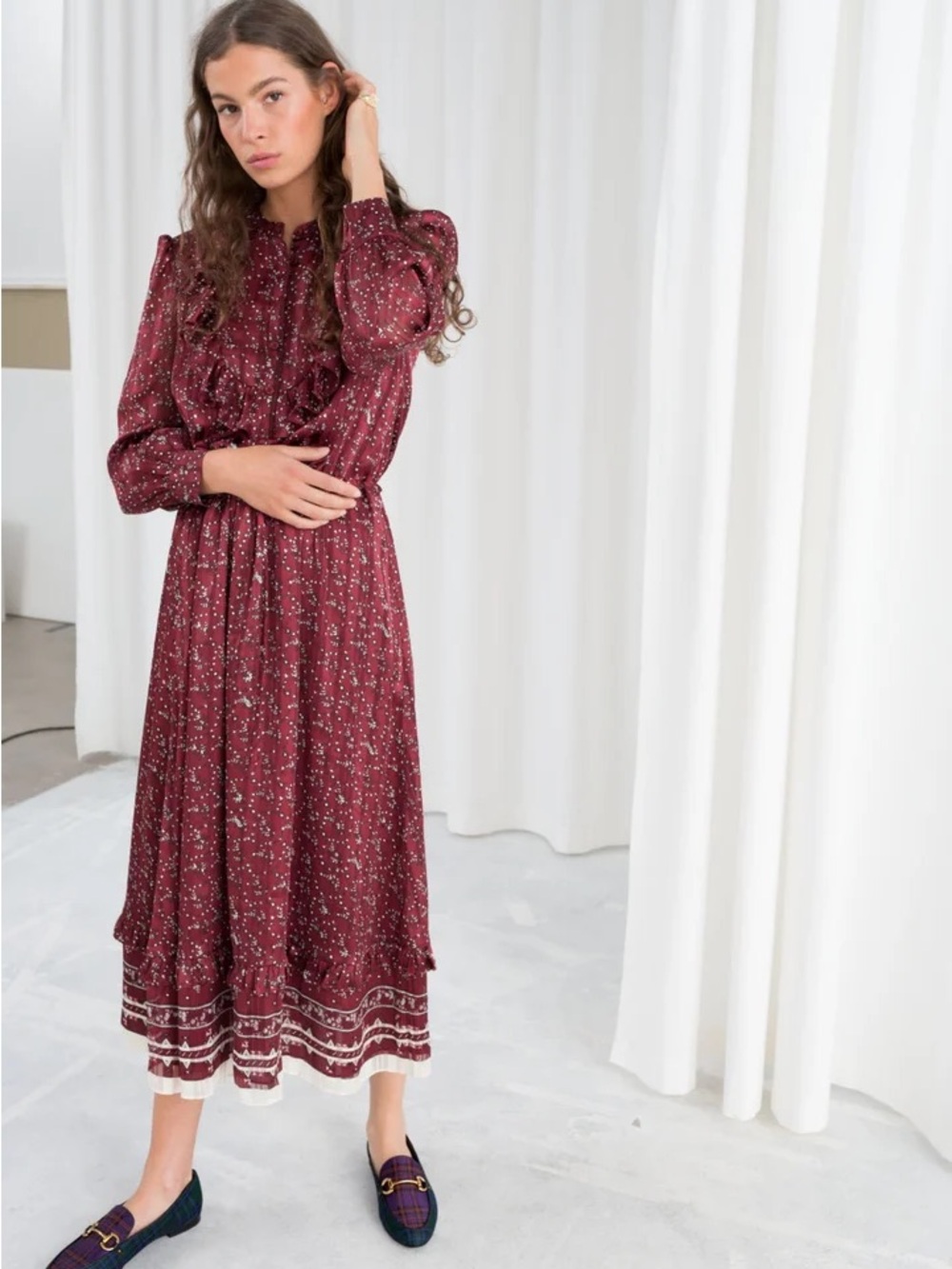 & Other Stories Wine Red Floral Ruffle-Trim Midi Dress